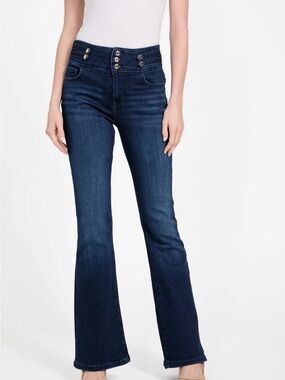 Guess Dark Blue High-Rise Flare Jeans with Triple-Button Waist